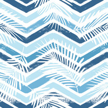 Tropical Pattern, Palm Leaves Seamless Vector Floral Background. Exotic Plant On Blue Chevron Stripes Print. Summer Nature Watercolor Zigzag Lines Jungle Print
