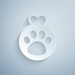 Poster - Paper cut Heart with animals footprint icon isolated on grey background. Pet paw in heart. Love to the animals. Paper art style. Vector