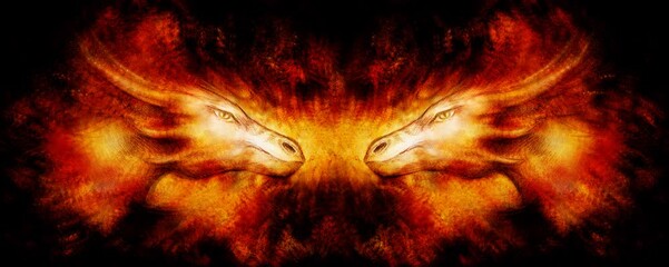 Fototapete - Cosmic dragons in space, cosmic abstract background and flower of life.