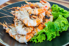 Grilled River Prawn On Dish. Flame Grilled Prawns On Plates. Local Food In Thailand. Regional Food Backgrounds
