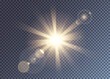 Glimmering vector sun with lens flare and rays