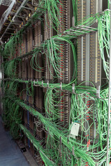 Wall Mural - Vertical shot of a server room with green wires