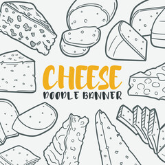 Cheese Doodle Banner Icon. Product Food Vector Illustration Hand Drawn Art. Line Symbols Sketch Background.