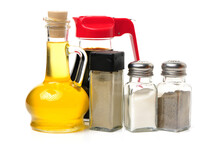 A Set Of Salt Pepper Olive Oil And Soya Sauce