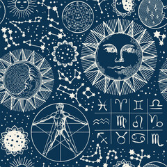Wall Mural - Seamless pattern with zodiac signs, horoscope symbols, moon, sun, stars, constellations and human figure like Vitruvian man on dark blue backdrop. Hand-drawn vector background in retro style