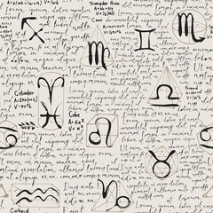 Wall Mural - Abstract seamless pattern with zodiac signs, black handwritten text Lorem ipsum and hand-drawn geometrical figures. Vector repeating background in the style of sketches from the diary of an astrologer
