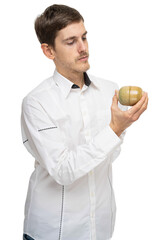 Young handsome tall slim white man with brown hair holding two tea cups in white shirt isolated on white background