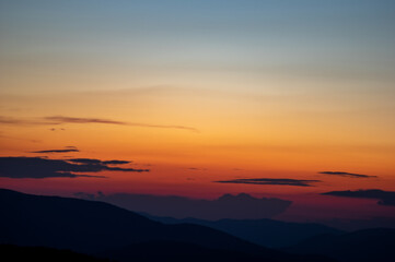 Beautiful orange sky during dusk in the carpathian mountains