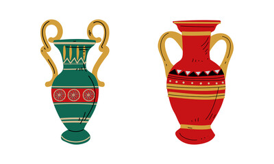 Sticker - Egyptian Clay Vase with Old Ornament Vector Set