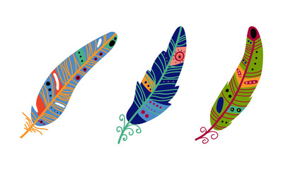 Sticker - Colorful Feather and Plumage as Boho Tribal Element Vector Set