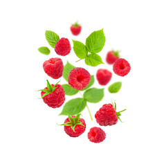 Wall Mural - Flying raspberries with green leaves isolated on white background. Sweet ripe fresh delicious raspberry, summer berry, organic food, vitamins. Creative background with falling raspberry fruits