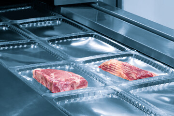 Wall Mural - Linear food plastic tray package heat sealing machine. Food industry concept background