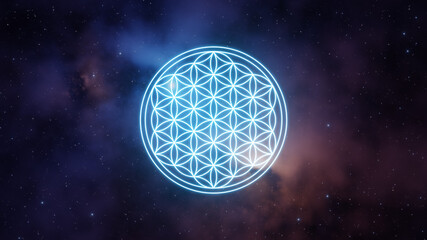 Wall Mural - flower of life symbol in blue color on a background of the universe with nebulae