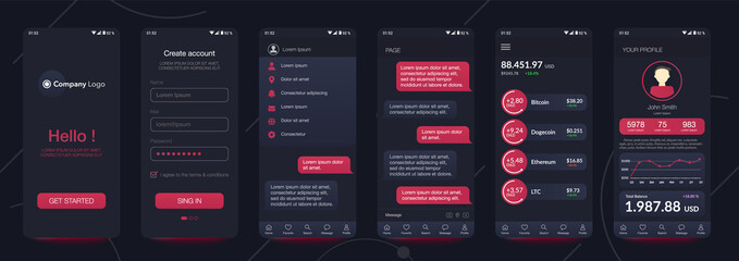 Design of mobile app Cryptocurrency wallet, Chat room, UI, UX, GUI. Set of user registration screens with login and password input, account sign in, sign up, home page. Template Application. UI Design