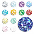 Set of realistic round gems of different colors. Ruby, diamond, sapphire, emerald, blue topaz, amethyst, aquamarine, white diamond, jade, opal, blue zircon, garnet, citrine. Jewelery, shining stones. 