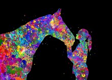 Girl And Horse Animal Watercolor Art With Black Background, Abstract Painting. Watercolor Illustration Rainbow, Colorful, Decoration Wall Art.