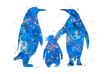 Wall Mural - Penguin family Animal blue watercolor art, abstract painting. Watercolor illustration rainbow, colorful, decoration wall art.