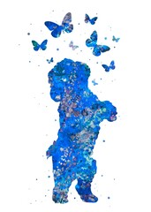 Wall Mural - Dog and Butterfly Animal blue watercolor art, abstract painting. Watercolor illustration rainbow, colorful, decoration wall art.