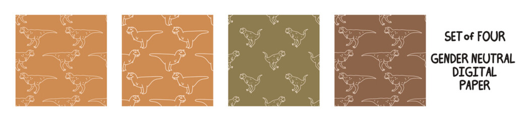 Sticker - Seemless background allosaurus dinosaur set of 4 patterns. Whimsical minimal earthy 2 tone color. kids nursery wallpaper or boho cartoon pet fashion all over print.