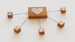 © RocknRoller Studios - Love Technology Concept with heart Symbol on a Wooden Block. User Network Connections are Represented with Blue string. White background. 3D Render.
