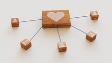Love Technology Concept With Heart Symbol On A Wooden Block. User Network Connections Are Represented With Blue String. White Background. 3D Render.