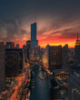 Aerial Dramatic Sunset of Downtown Chicago and Chicago River