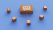 © RocknRoller Studios - Text Technology Concept with sms Symbol on a Wooden Block. User Network Connections are Represented with White string. Blue background. 3D Render.