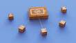 © RocknRoller Studios - Energy Technology Concept with battery Symbol on a Wooden Block. User Network Connections are Represented with White string. Blue background. 3D Render.
