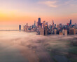 Chicago foggy morning aerial view with Lake Shore Drive and Lincoln Park