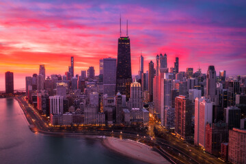 Wall Mural - Aerial view of gold coast Chicago at sunrise