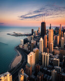 Fototapeta Miasto - Chicago aerial view of gold coast looking over the lake