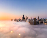 Fototapeta Miasto - Foggy Chicago sunset from Lake Michigan
