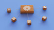 © RocknRoller Studios - Configure Technology Concept with cog Symbol on a Wooden Block. User Network Connections are Represented with White string. Blue background. 3D Render.
