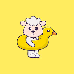 Cute sheep With Duck buoy. Animal cartoon concept isolated. Can used for t-shirt, greeting card, invitation card or mascot. Flat Cartoon Style