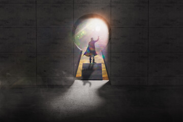 Wall Mural - Silhouette opportunity of superhero standing on staircase to looking keyhole door with sun light,leader concept vision and new idea,success,risk,investment,growth business,strategy and solution