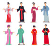 © Bro Vector - Asian characters in traditional clothes vector illustrations set. Japanese or Chinese people wearing kimonos, national costumes isolated on white background. Asia, China, Japan, fashion concept