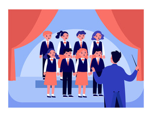 Wall Mural - childrens choir with conductor on stage flat vector illustration. pupils singing at school concert. 