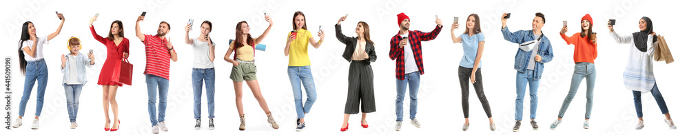 Beautiful young woman with mobile phone taking selfie on white background - obrazy, fototapety, plakaty 