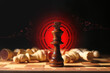 King with chess pieces on checkerboard against dark background