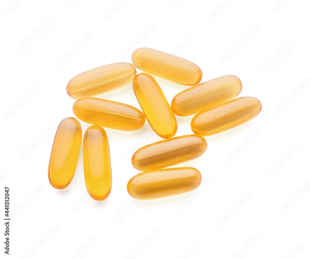 Fish oil capsules on white background