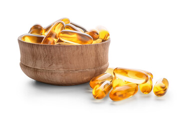 Bowl with fish oil capsules on white background