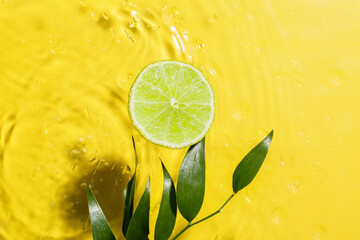 Ripe cut lime and leaves on color background with water drops