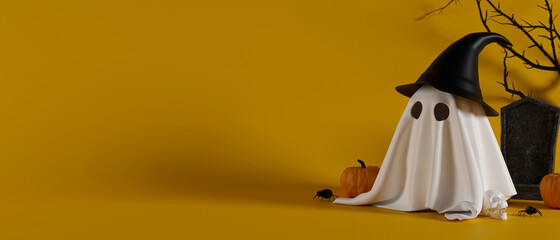 Halloween ghost in witch hat standing in front of grave on yellow background with copy space, 3D rendering