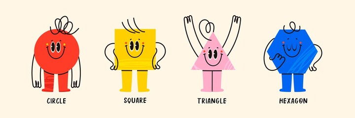 Set of Various bright basic Geometric Figures with face emotions, hands and legs. Different shapes. Hand drawn trendy Vector illustration for kids. Cute funny characters. All elements are isolated