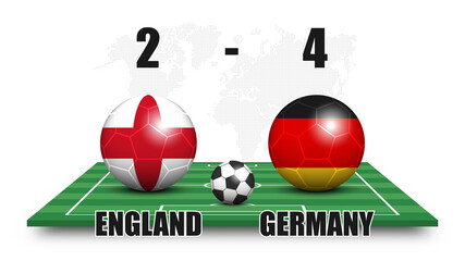 Aufkleber - England vs Germany . Soccer ball with national flag pattern on perspective football field . Dotted world map background . Football match result and scoreboard . Sport cup tournament . 3D vector design