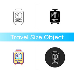 Sticker - Open suitcase with clothing icon. Garments and apparel in traveller baggage. Essential things for tourist. Travel size objects. Linear black and RGB color styles. Isolated vector illustrations