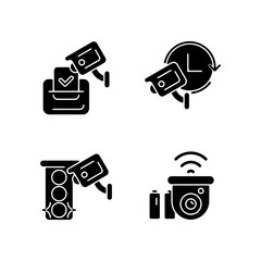 Poster - Surveillance system black glyph icons set on white space. Electoral fraud prevention. 24 hour monitoring. Traffic enforcement. Wireless outdoor cam. Silhouette symbols. Vector isolated illustration