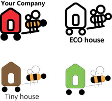 Tiny House Company Logo With Bee. Small Bee Carries Litte Tiny Eco House. Real Estate. Flat Vector Company Illustration Logo, Icon. Insect Hotel