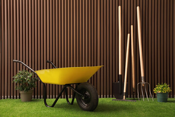 Wheelbarrow, gardening tools and plants on green grass near wood slat wall