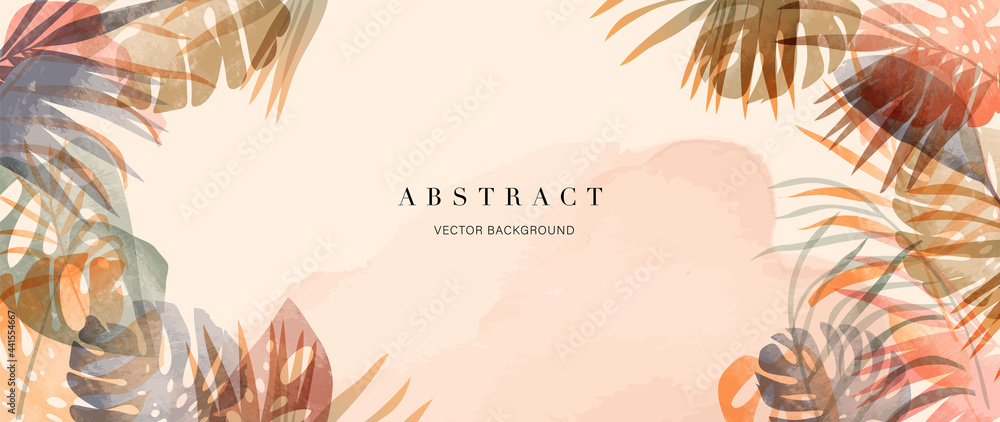 summer tropical background vector. Palm leaves, monstera leaf, Botanical background design for wall framed prints, wall art, invitation, canvas prints, poster, home decor, cover, wallpaper.	 - obrazy, fototapety, plakaty 